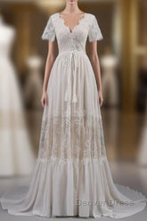 Open Back Short Sleeves V-Neck  Lace Beach Wedding Dresses